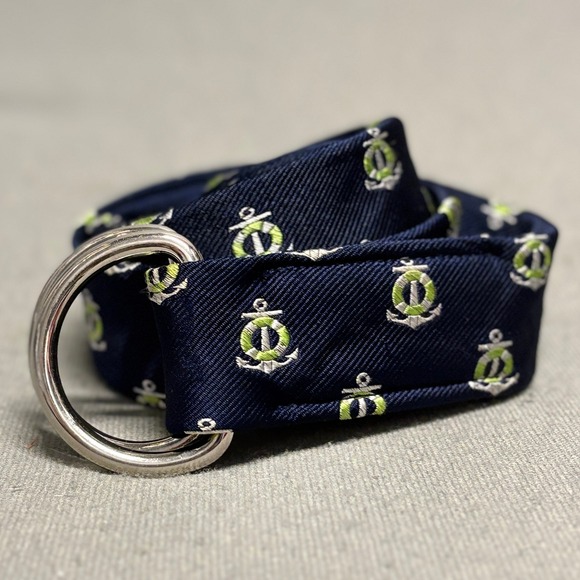J.Crew Belt Navy Blue Fabric Anchor D-Ring Buckle Nautical Preppy - Picture 1 of 11